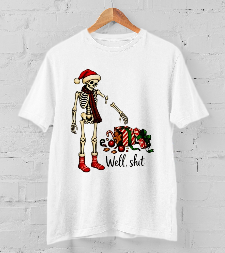 Well Shit Christmas Skeleton Gingerbread Man Santa Hat T-Shirt