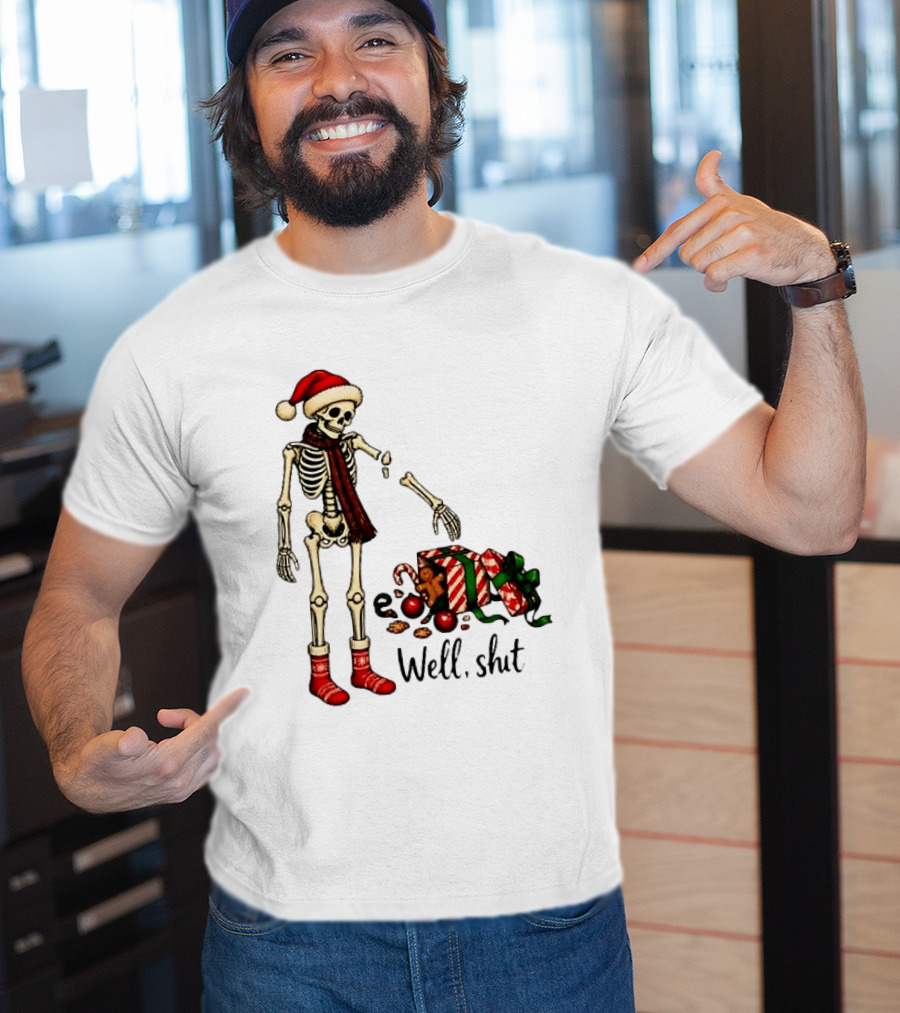 Well Shit Christmas Skeleton Gingerbread Man Santa Hat T-Shirt