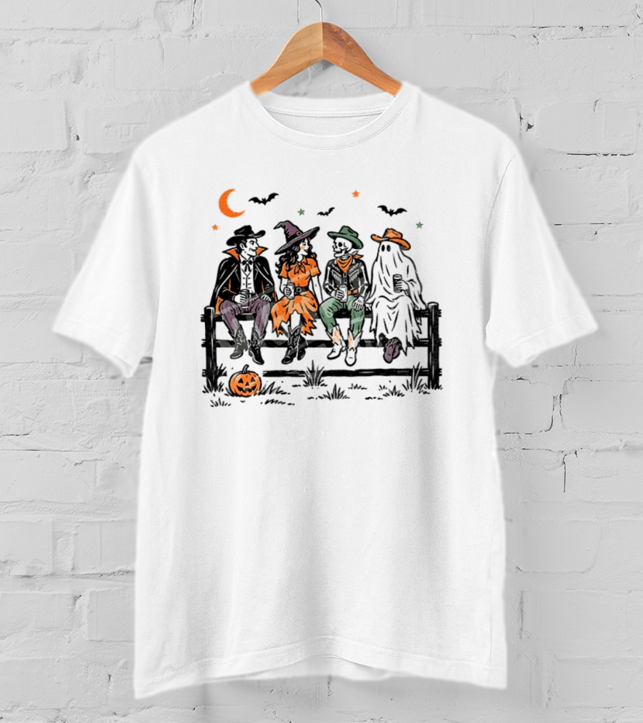Witch Skeleton Ghost Vampire Western Halloween Scene With Pumpkins And Bats T-Shirt