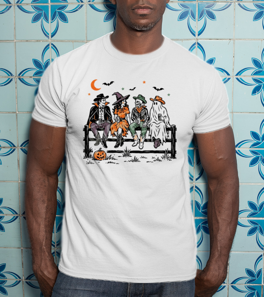 Witch Skeleton Ghost Vampire Western Halloween Scene With Pumpkins And Bats T-Shirt