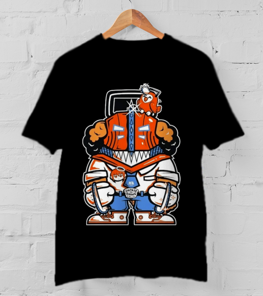 Jackie The Dawg Mau Mau Chainsaw Robot Cartoon Character With Bird T-Shirt