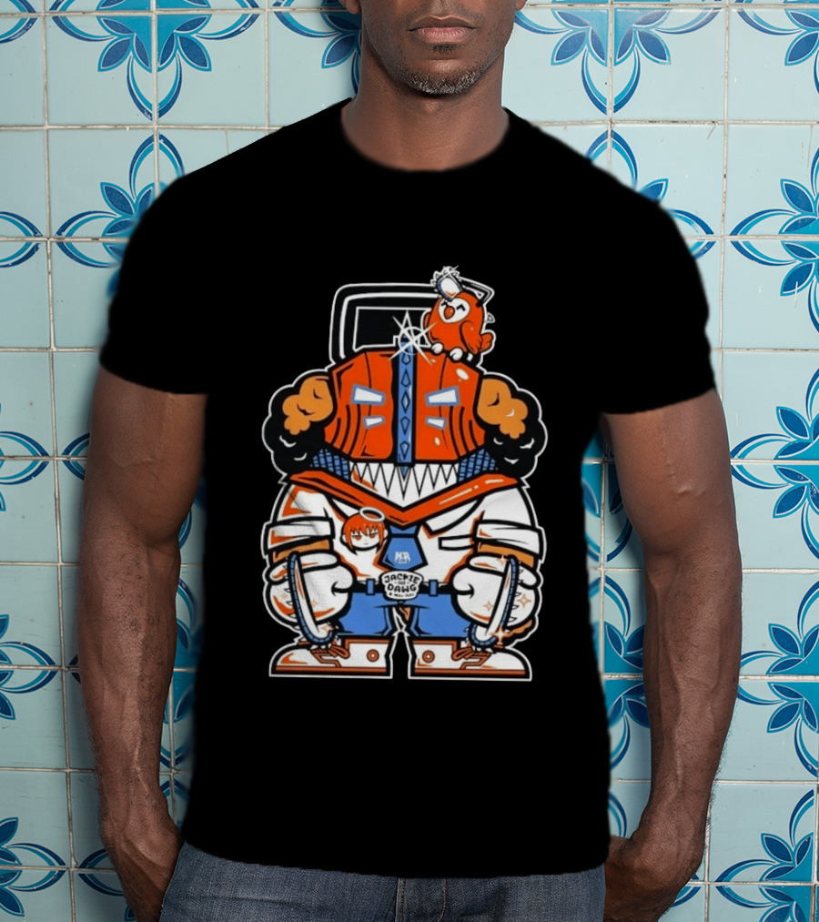 Jackie The Dawg Mau Mau Chainsaw Robot Cartoon Character With Bird T-Shirt