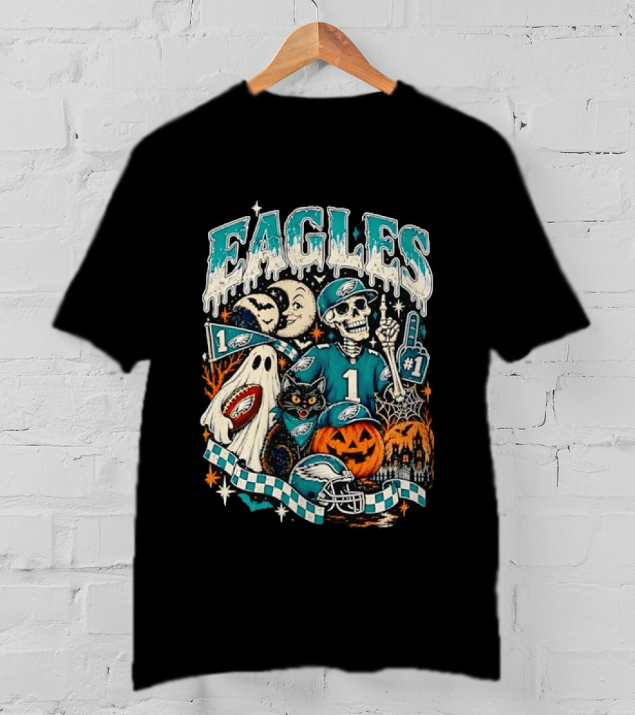 Eagles Jalen Hurts Halloween Skeleton Ghost Black Cat Pumpkin T-Shirt