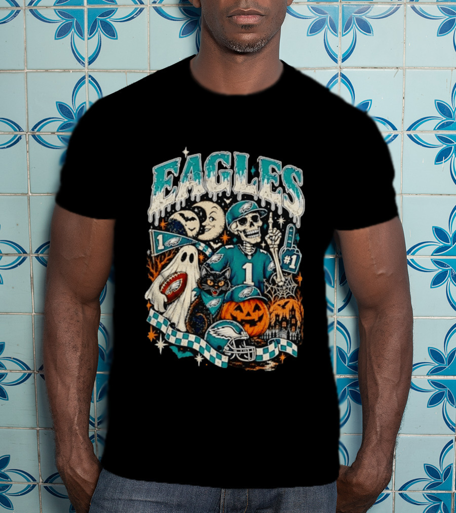 Eagles Jalen Hurts Halloween Skeleton Ghost Black Cat Pumpkin T-Shirt