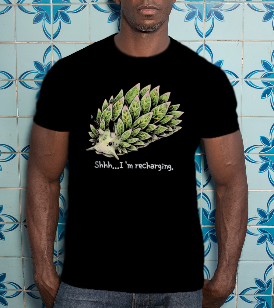 Leaf Sheep Sea Slug Shhh I'm Recharging Green Pink Cute Sea Creature T-Shirt