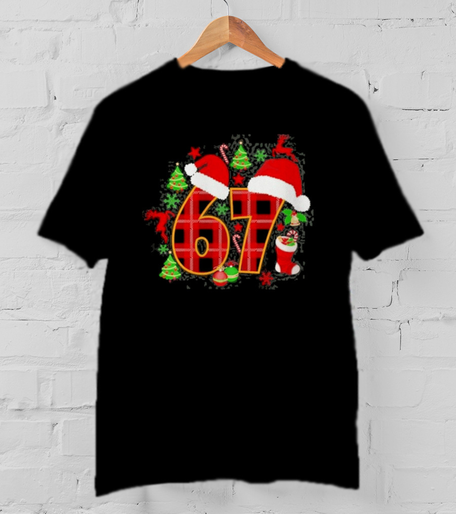 67 Christmas Plaid With Santa Hats And Festive Decorations T-Shirt