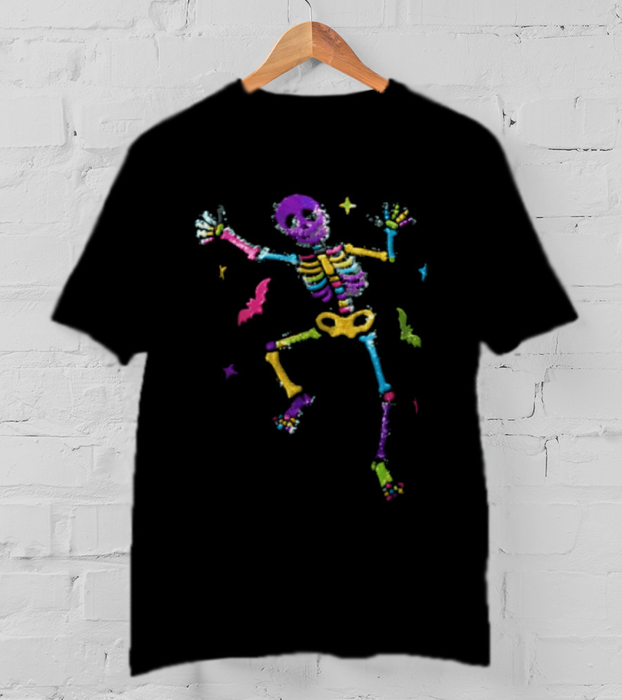 Skeleton Dancing Colorful Sequin Bats T-Shirt