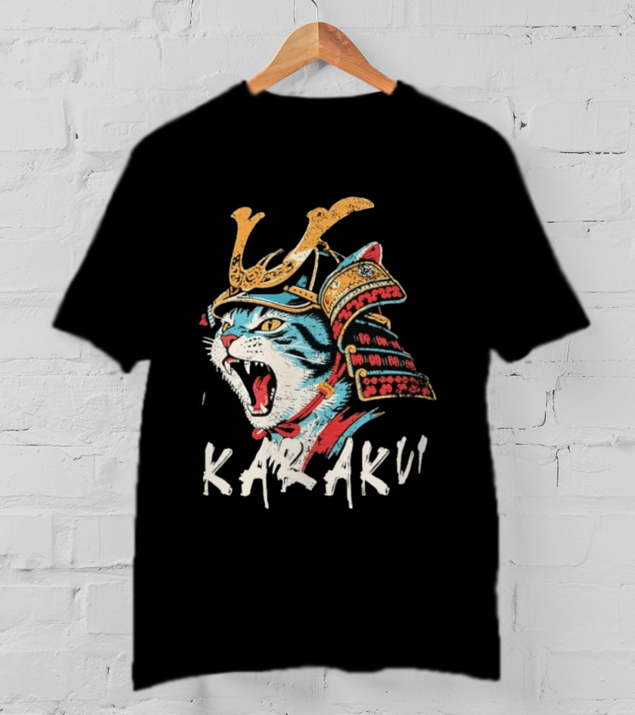 Karaku Distressed Samurai Cat With Helmet And Snarling Expression T-Shirt