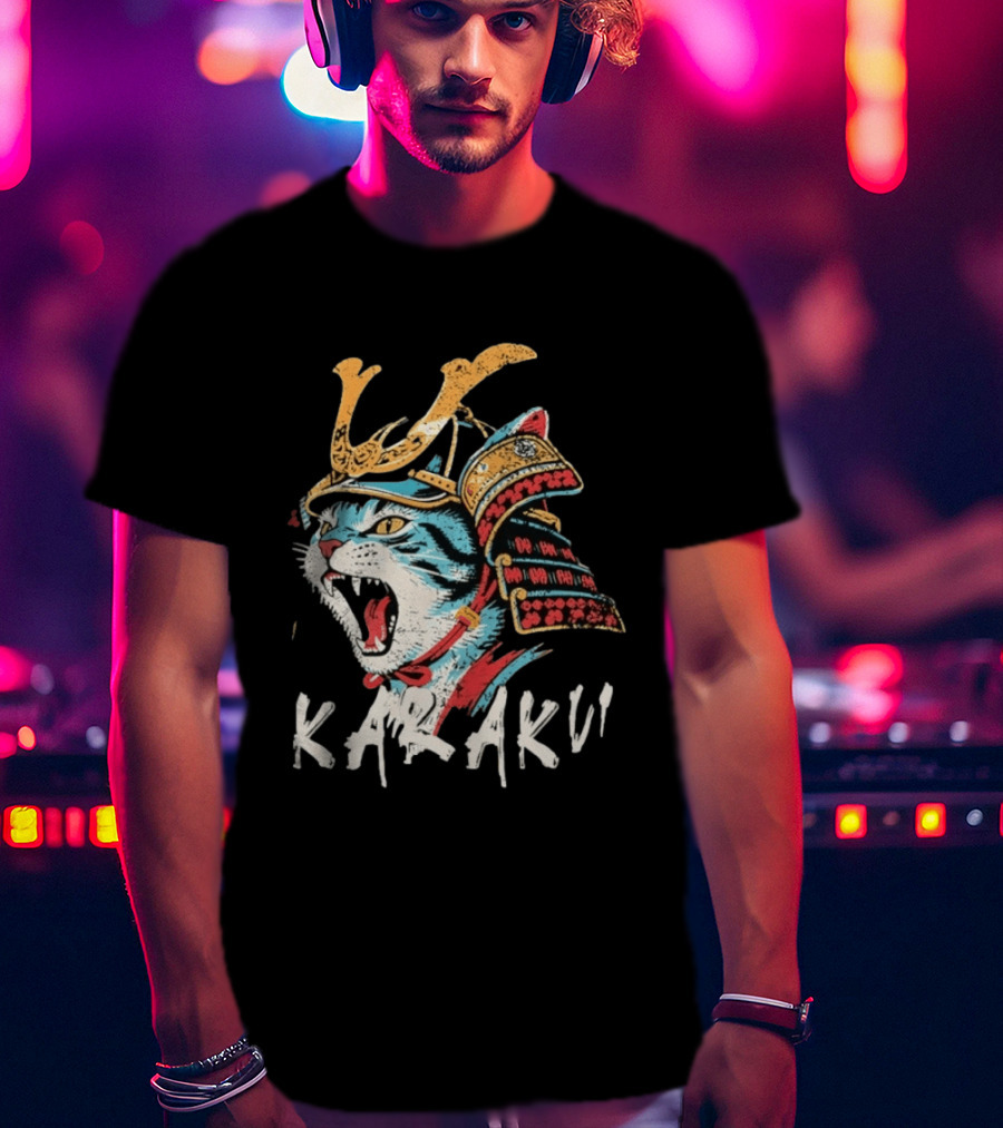 Karaku Distressed Samurai Cat With Helmet And Snarling Expression T-Shirt