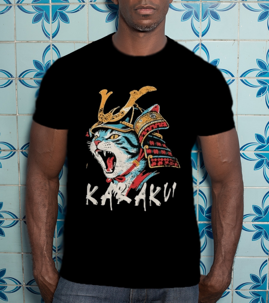 Karaku Distressed Samurai Cat With Helmet And Snarling Expression T-Shirt