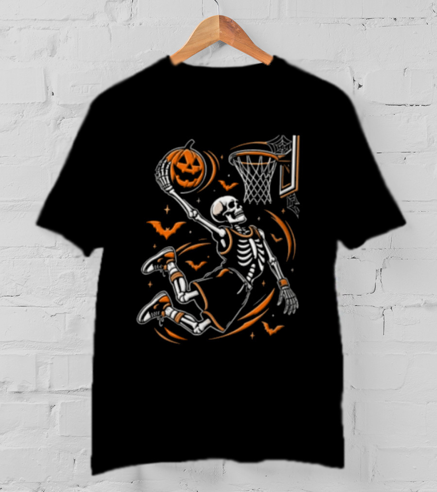 Skeleton Slam Dunk Pumpkin Basketball Hoop Spooky Halloween T-Shirt