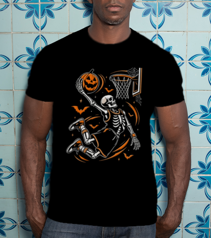 Skeleton Slam Dunk Pumpkin Basketball Hoop Spooky Halloween T-Shirt