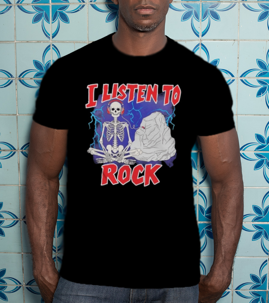I Listen To Rock Skeleton Headphones Music T-Shirt