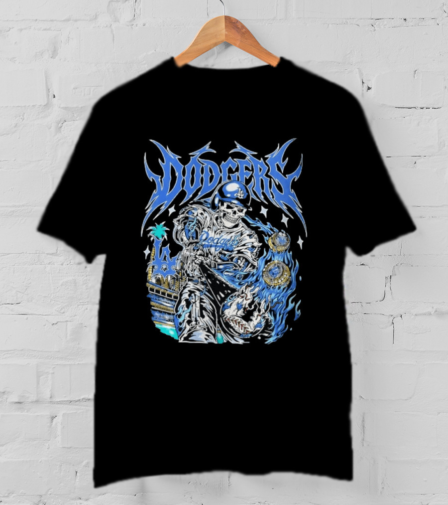 Los Angeles Dodgers Skeleton Player With Baseball Bat And Championship Rings T-Shirt