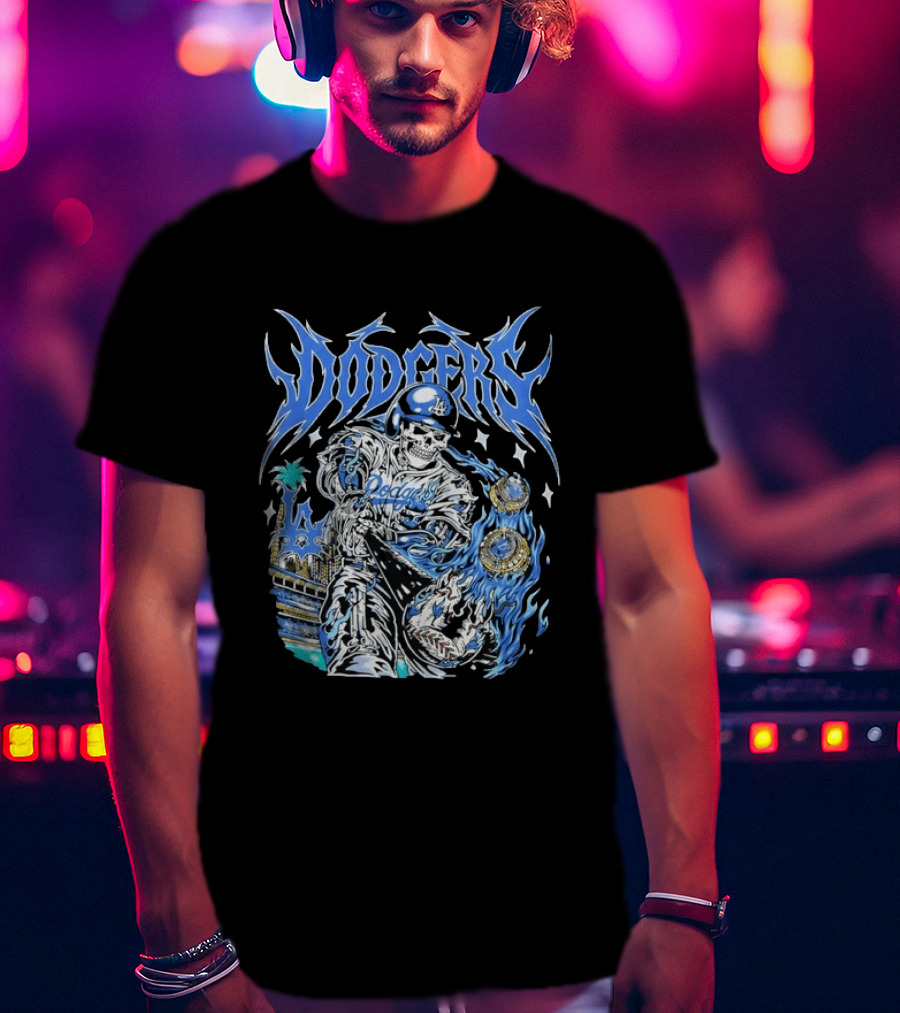 Los Angeles Dodgers Skeleton Player With Baseball Bat And Championship Rings T-Shirt
