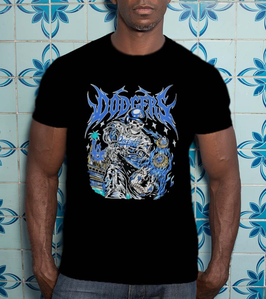 Los Angeles Dodgers Skeleton Player With Baseball Bat And Championship Rings T-Shirt