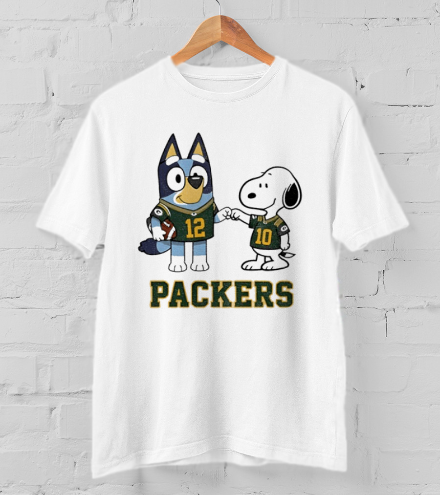 Bluey Snoopy Packers Football Friends Wearing 12 And 10 Jerseys T-Shirt