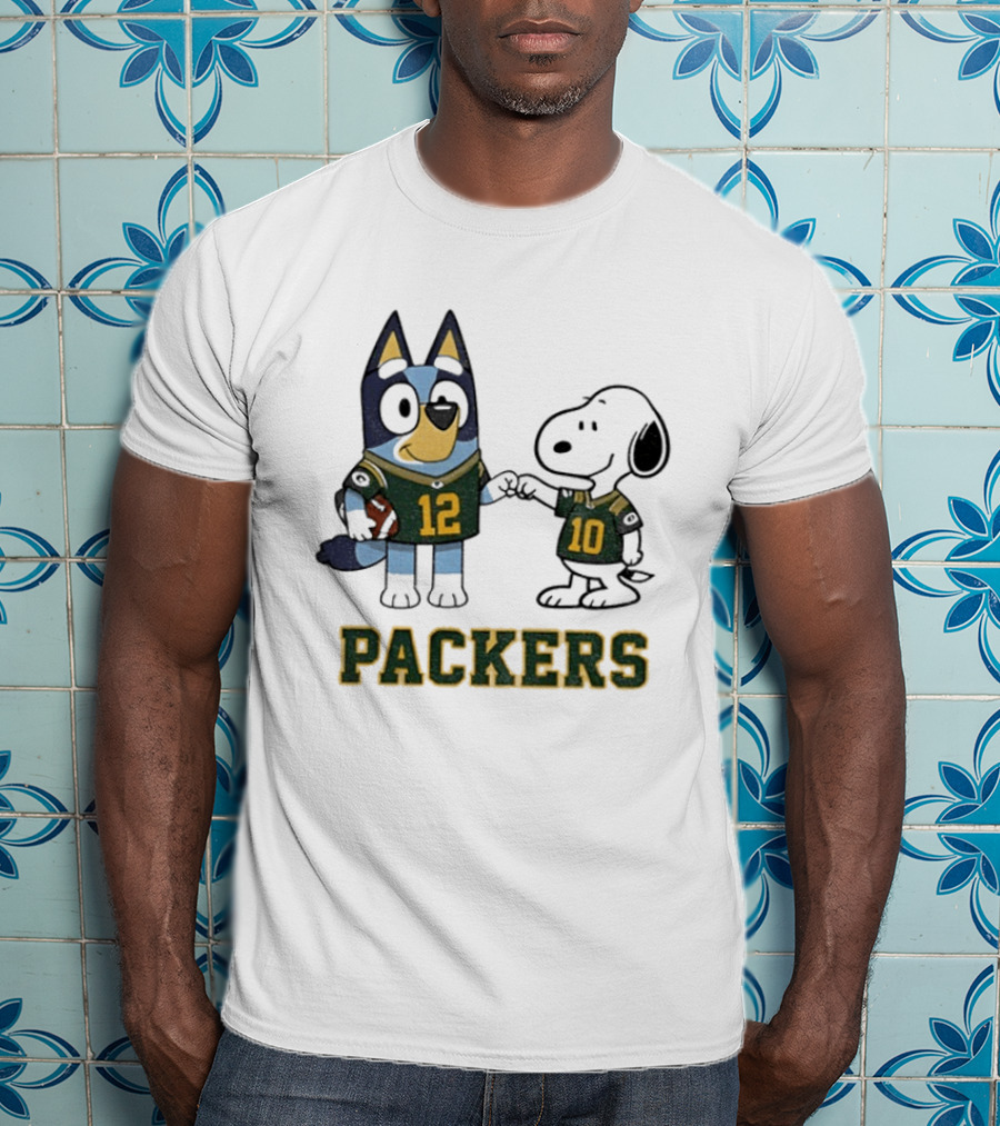 Bluey Snoopy Packers Football Friends Wearing 12 And 10 Jerseys T-Shirt