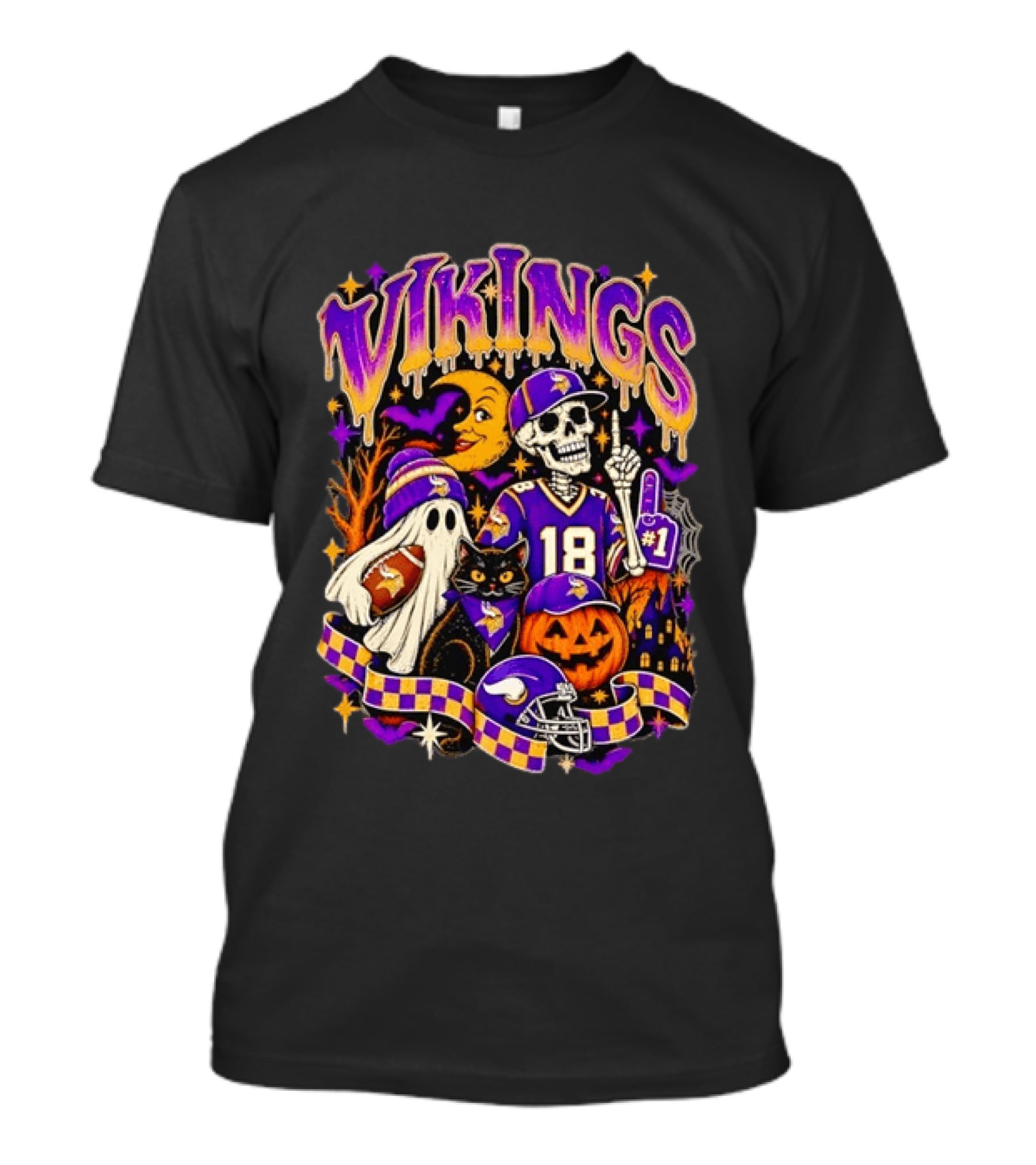 Vikings Halloween Skeleton Football 18 With Ghost Cat And Pumpkins T-Shirt