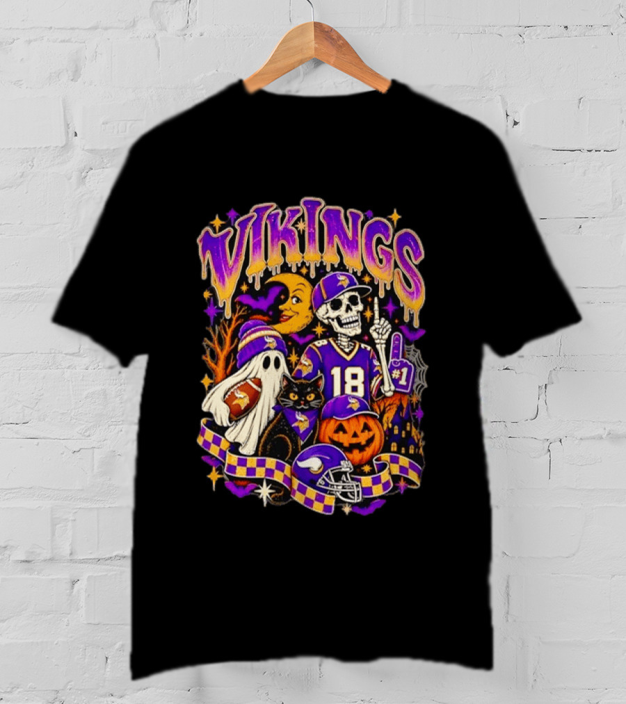 Vikings Halloween Skeleton Football 18 With Ghost Cat And Pumpkins T-Shirt