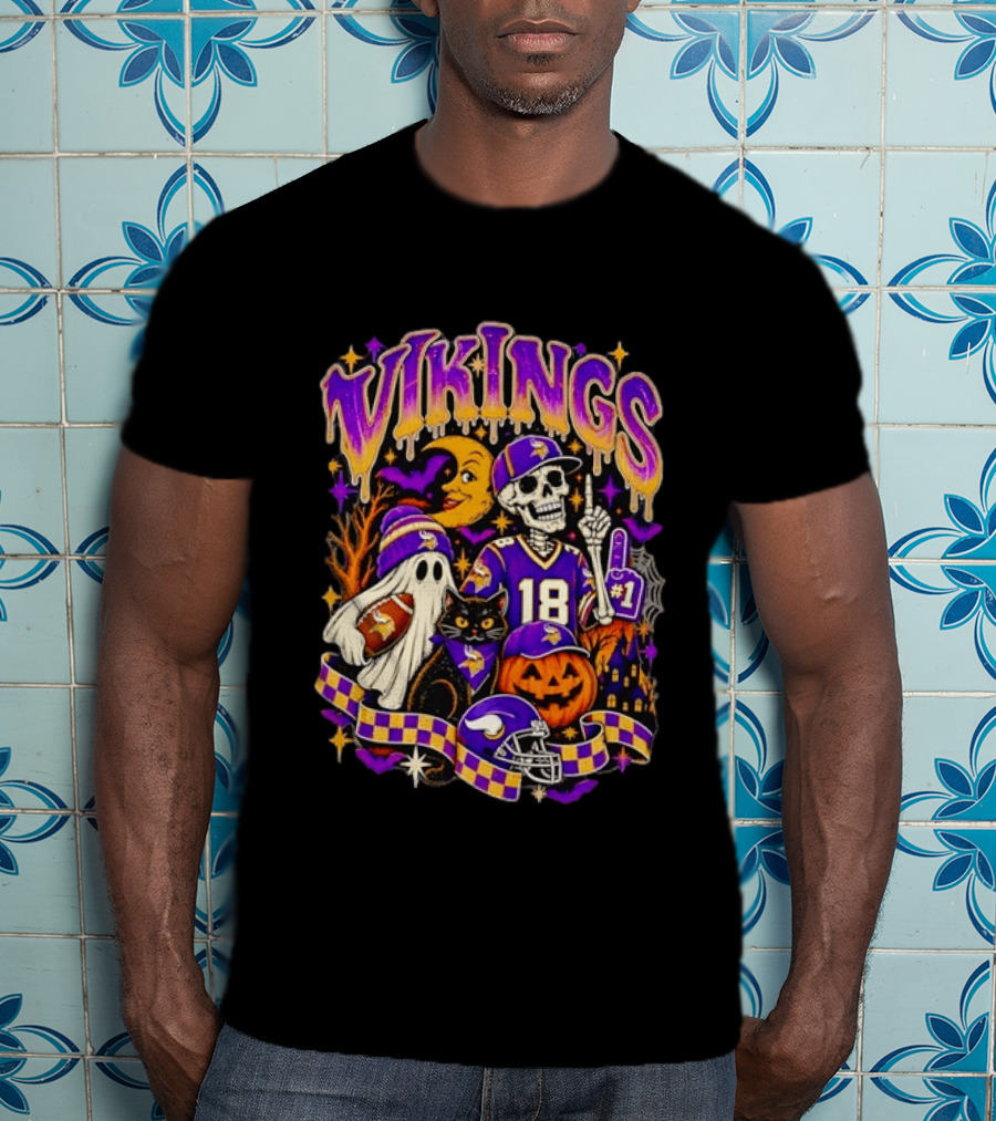 Vikings Halloween Skeleton Football 18 With Ghost Cat And Pumpkins T-Shirt