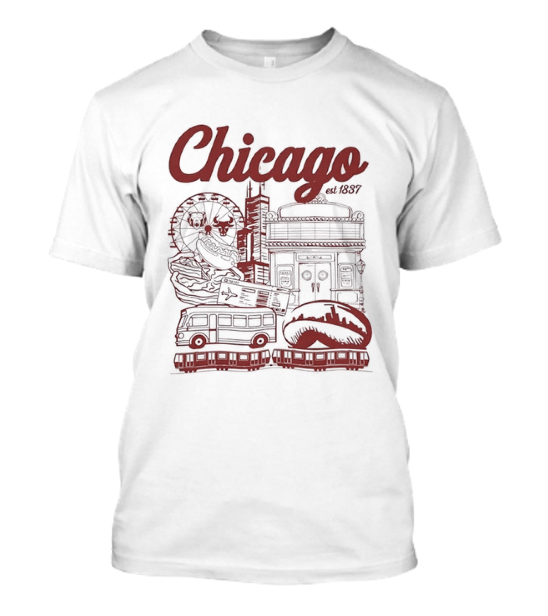 Chicago City Landmarks Illinois Est 1837 Ferris Wheel Hot Dog Retro Bus T-Shirt