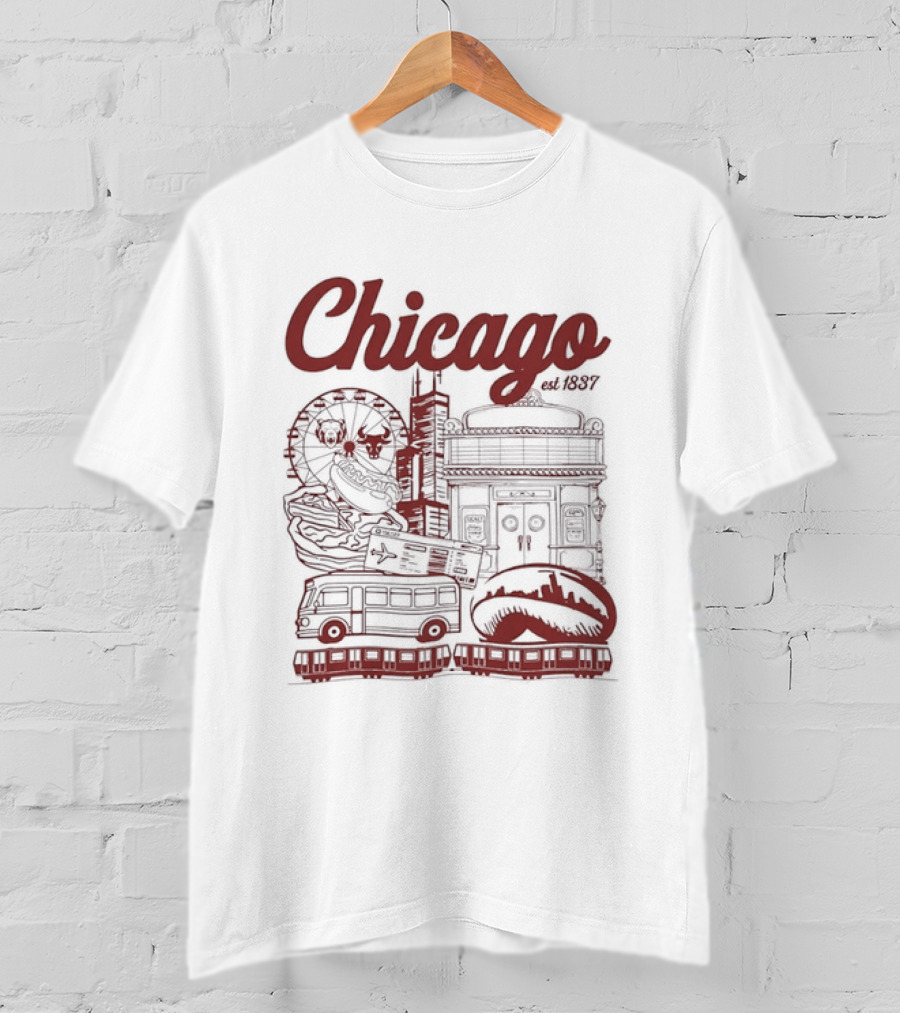 Chicago City Landmarks Illinois Est 1837 Ferris Wheel Hot Dog Retro Bus T-Shirt