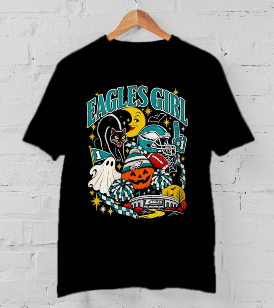 Eagles Girl Halloween Football Moon Cat Pumpkin Stadium T-Shirt
