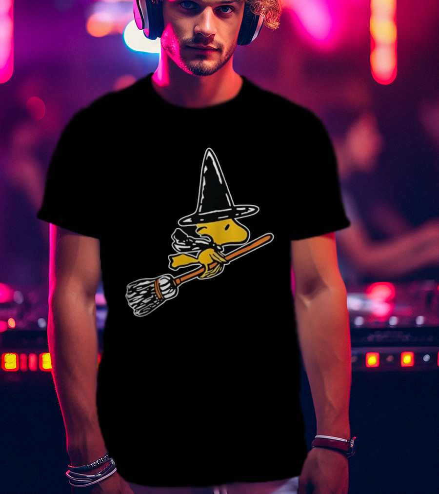 Woodstock Peanuts Halloween Witch Flying On Broomstick T-Shirt