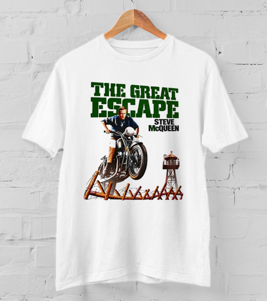The Great Escape Steve McQueen Motorcycle Jump Classic Movie Scene T-Shirt