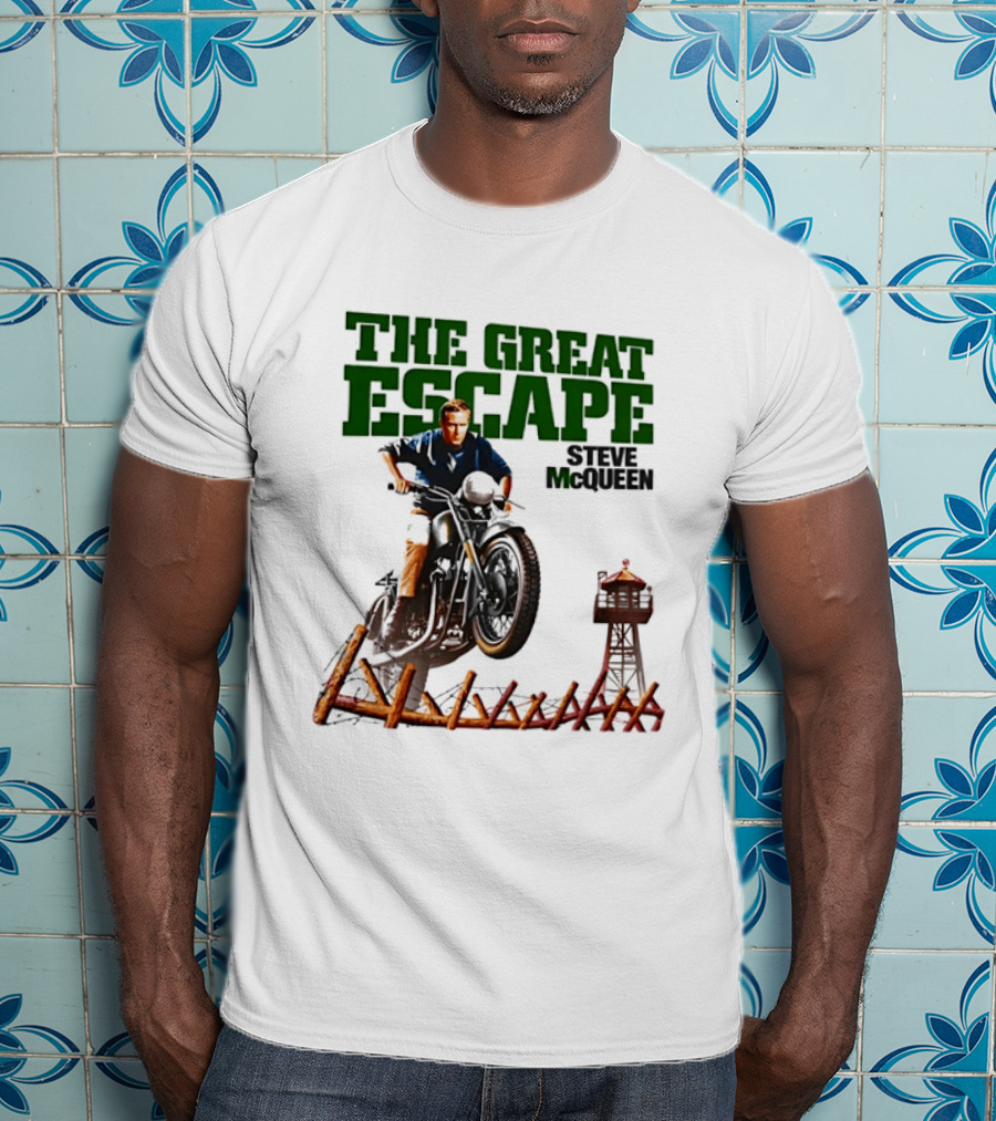 The Great Escape Steve McQueen Motorcycle Jump Classic Movie Scene T-Shirt