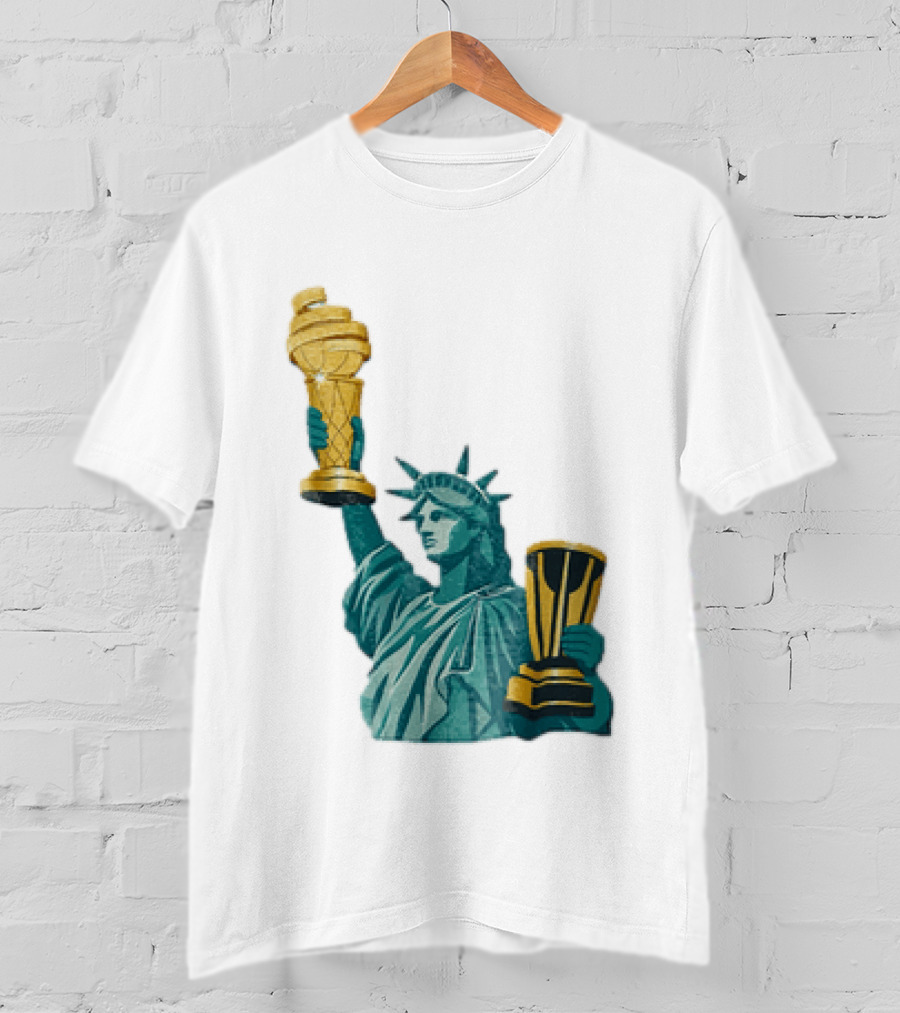 Lady Liberty Holding Dual Championship Trophies Soccer And Basketball T-Shirt