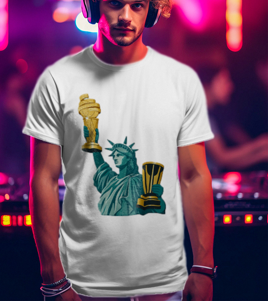 Lady Liberty Holding Dual Championship Trophies Soccer And Basketball T-Shirt