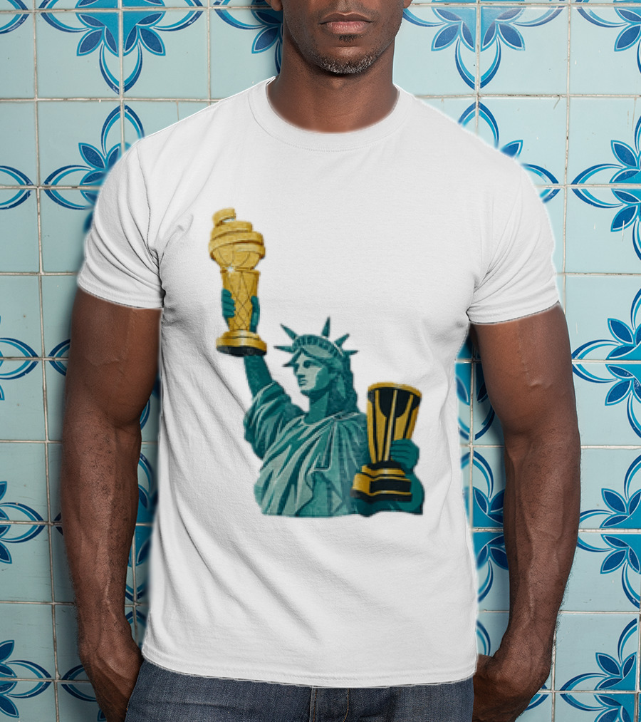 Lady Liberty Holding Dual Championship Trophies Soccer And Basketball T-Shirt