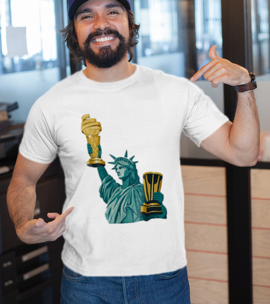 Lady Liberty Holding Dual Championship Trophies Soccer And Basketball T-Shirt