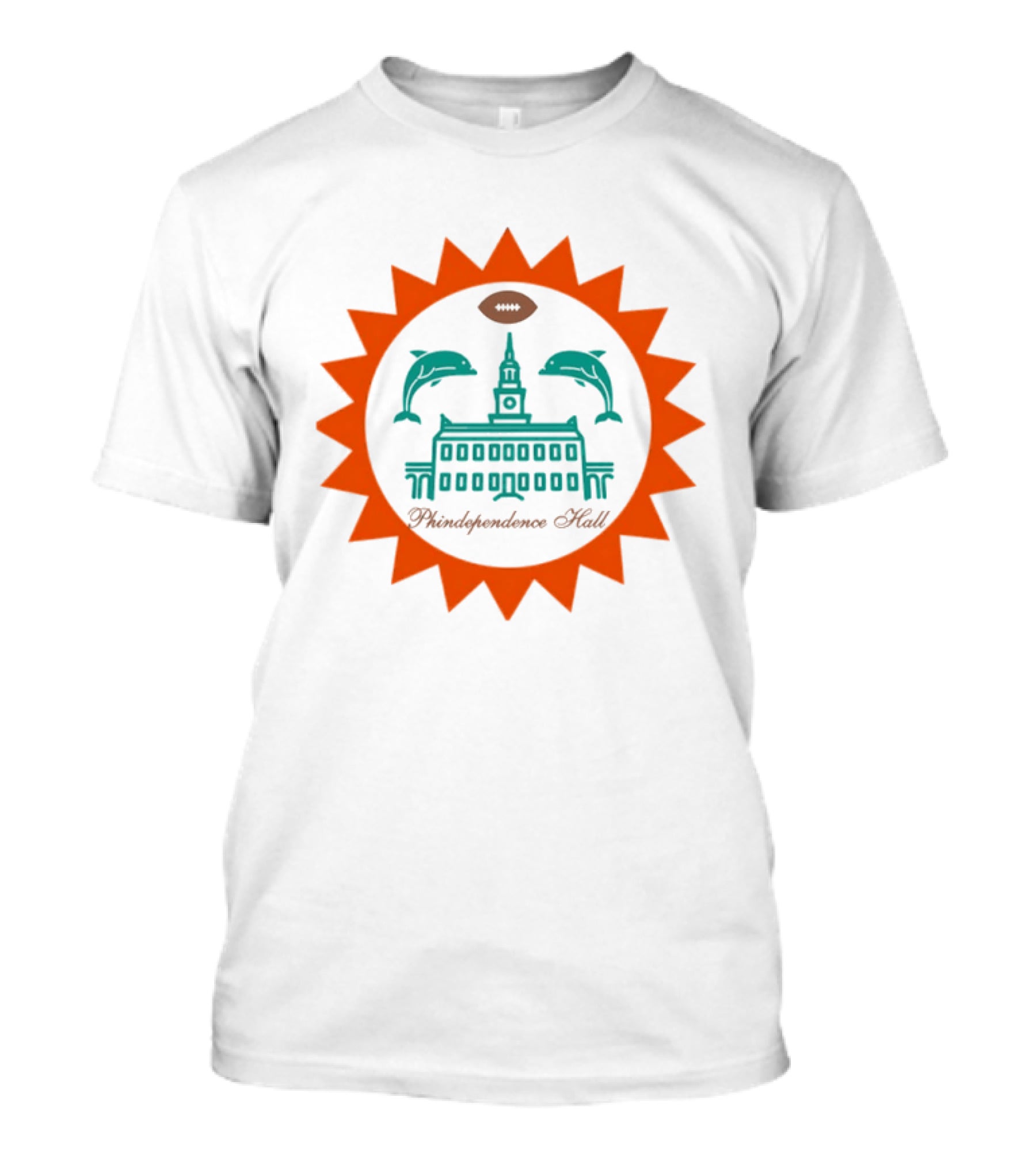 Phindependence Hall Miami Dolphins Football Emblem With Dolphins And Football Oval T-Shirt