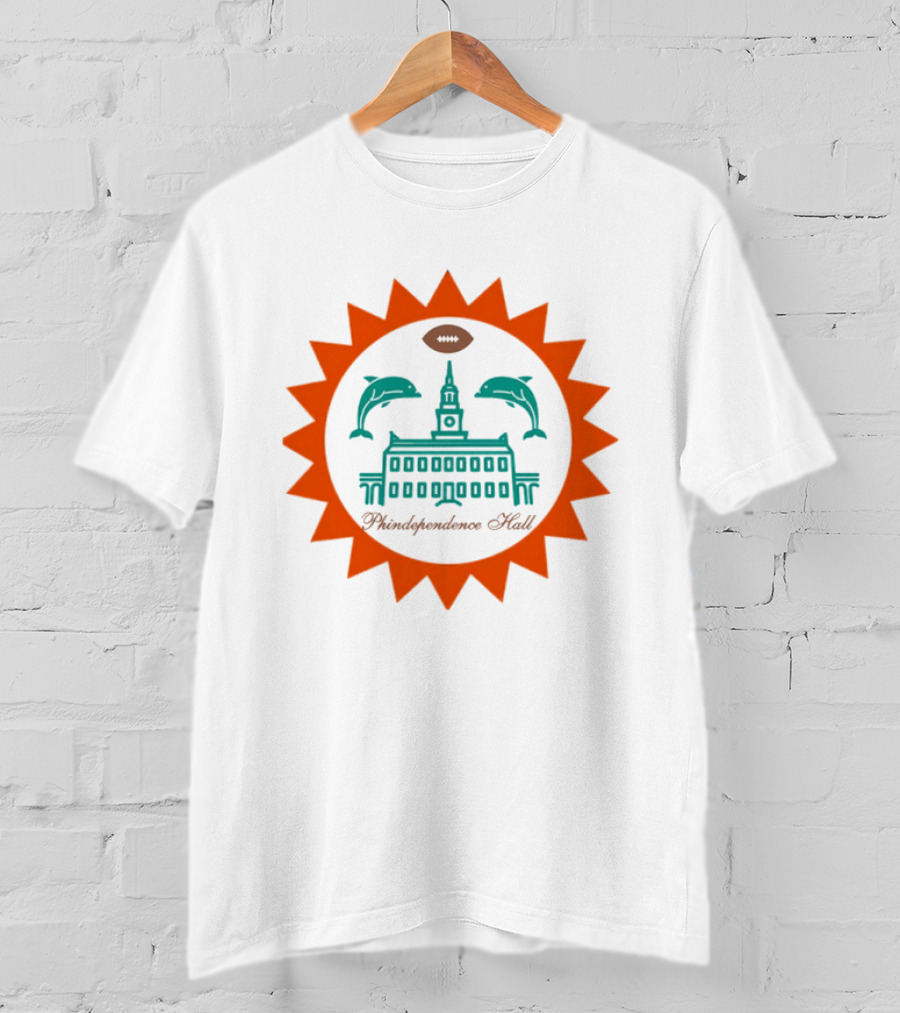 Phindependence Hall Miami Dolphins Football Emblem With Dolphins And Football Oval T-Shirt
