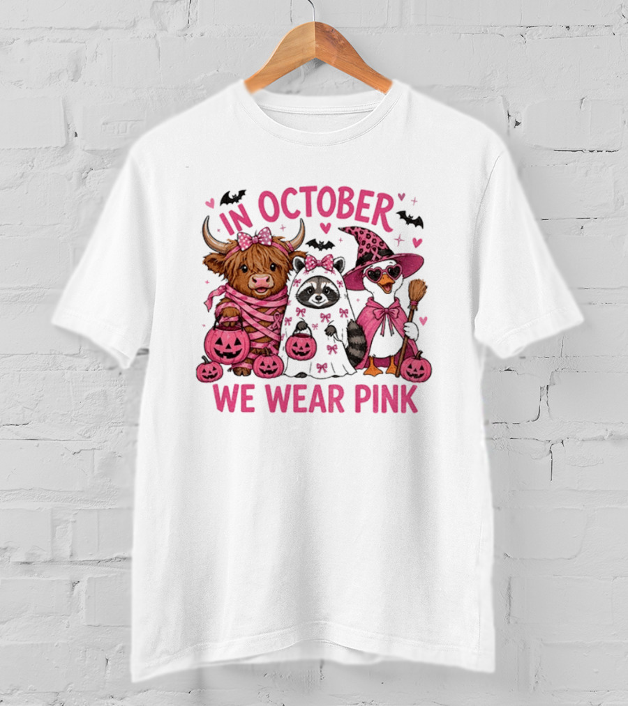 In October We Wear Pink Breast Cancer Support With Halloween Animals T-Shirt