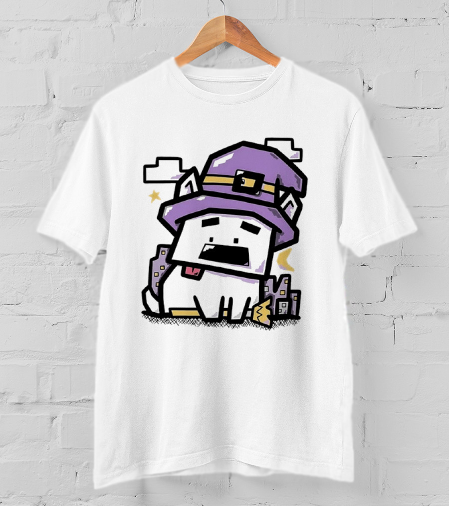 Pixel Cat Wearing Witch Hat Cute Halloween 8 Bit T-Shirt