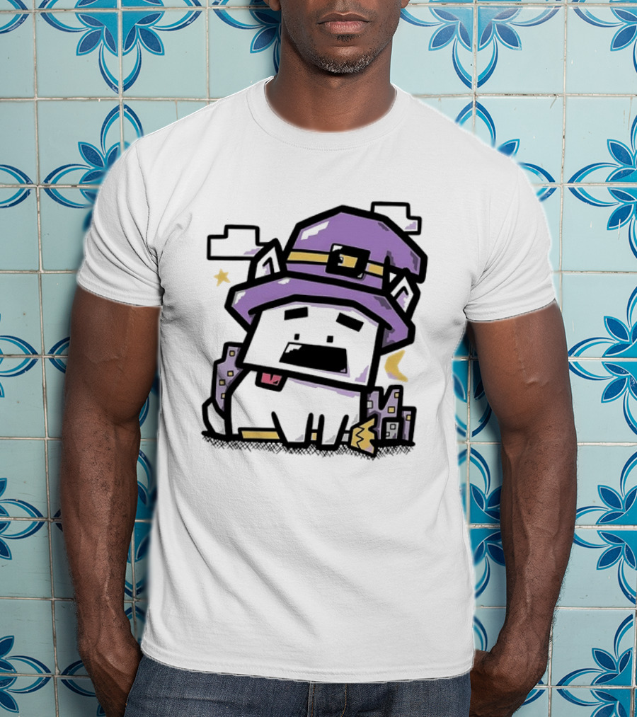 Pixel Cat Wearing Witch Hat Cute Halloween 8 Bit T-Shirt
