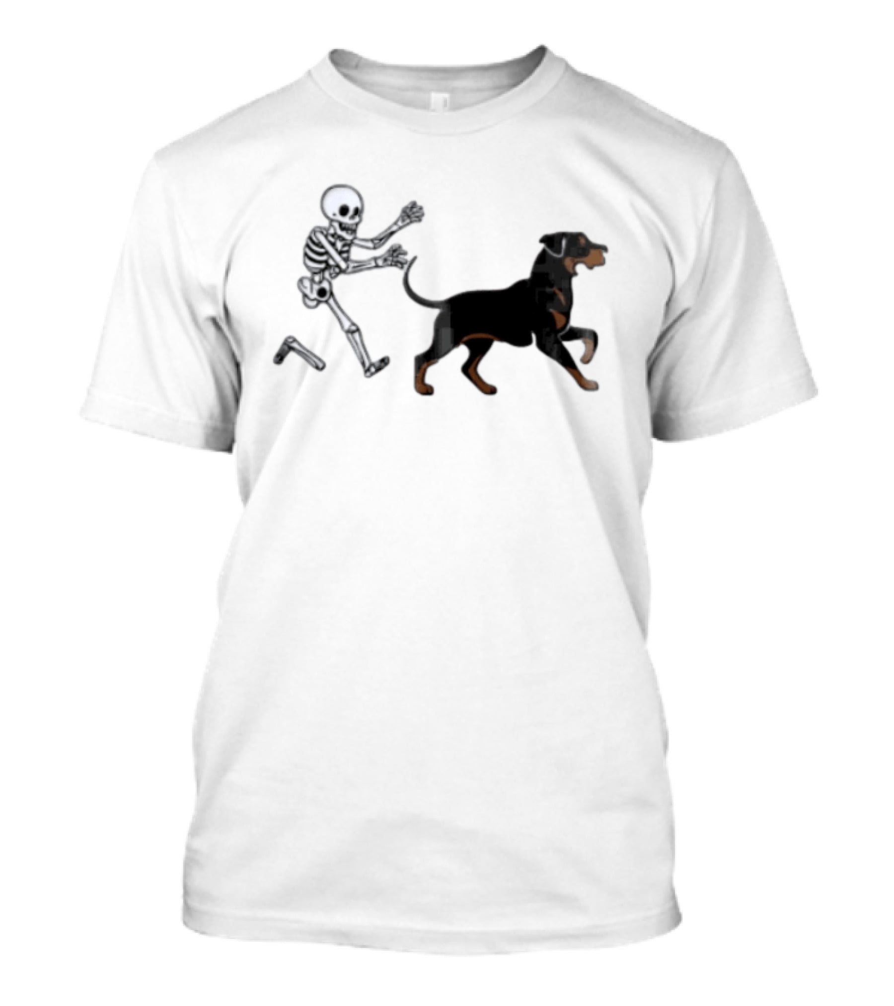 Skeleton Chasing Rottweiler With Bone In Halloween Humor Scene T-Shirt