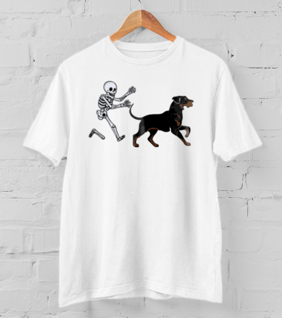 Skeleton Chasing Rottweiler With Bone In Halloween Humor Scene T-Shirt