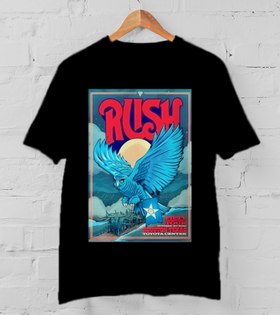 Rush Fifty Something Tour Houston Texas October 1st 2026 Toyota Center Blue Owl Moon Mountain Scene T-Shirt