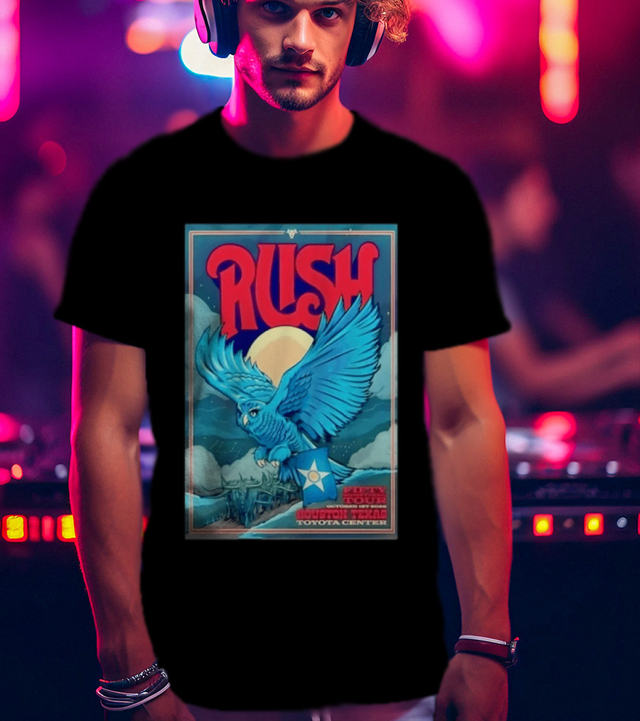 Rush Fifty Something Tour Houston Texas October 1st 2026 Toyota Center Blue Owl Moon Mountain Scene T-Shirt