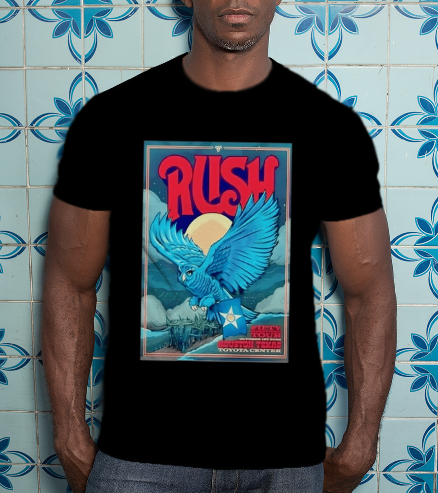 Rush Fifty Something Tour Houston Texas October 1st 2026 Toyota Center Blue Owl Moon Mountain Scene T-Shirt