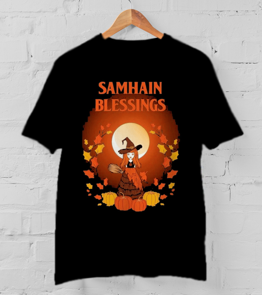 Samhain Blessings Little Witch And Pumpkin Magic Halloween T-Shirt