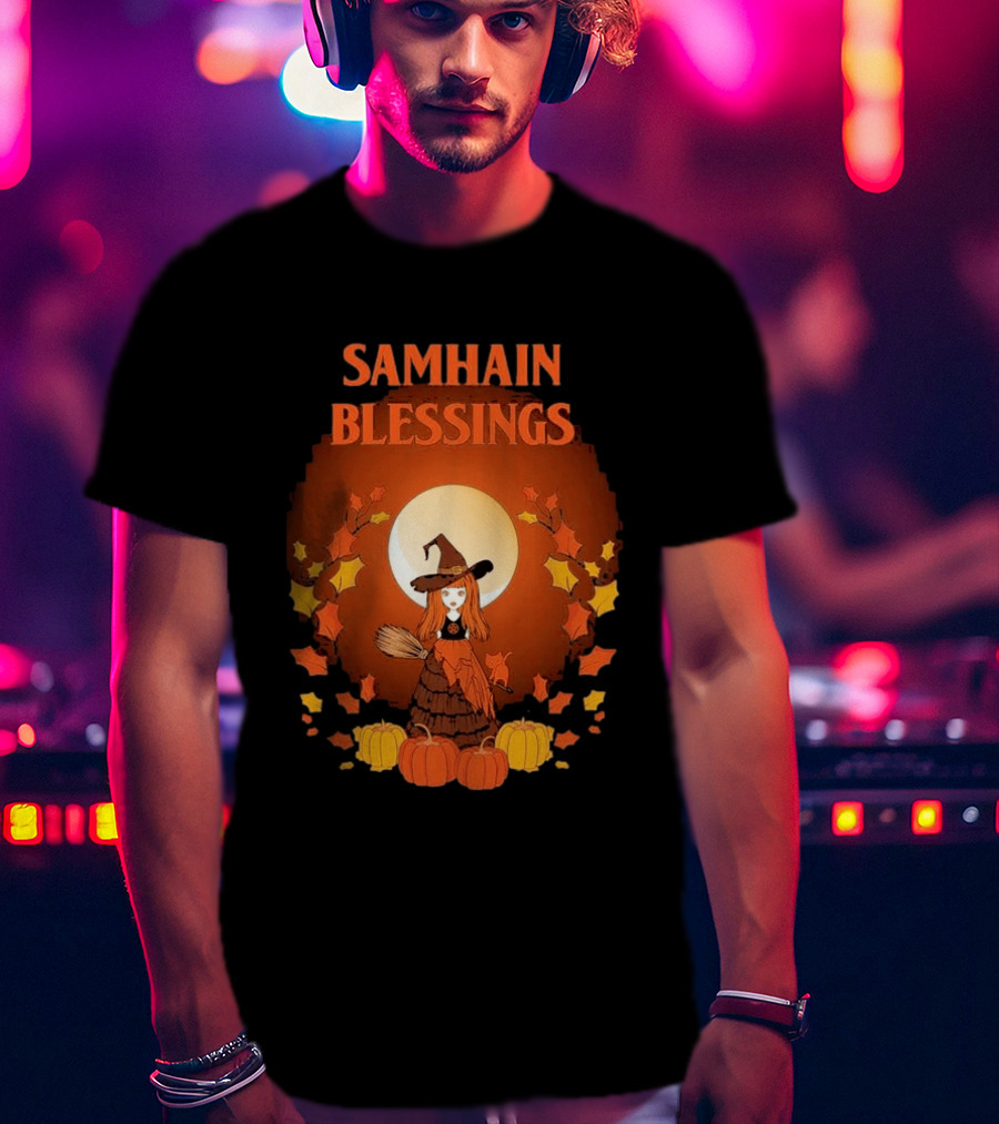 Samhain Blessings Little Witch And Pumpkin Magic Halloween T-Shirt
