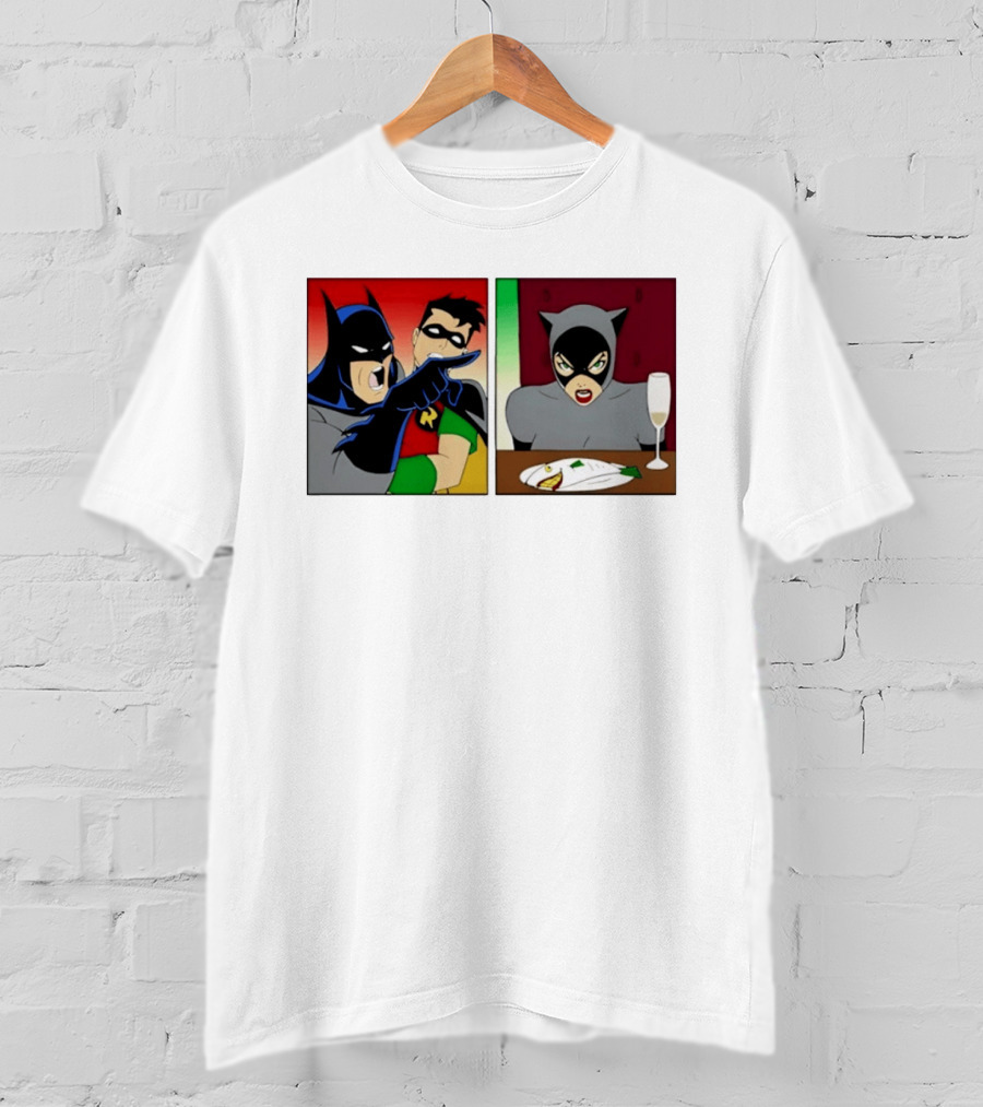 Batman Robin Yelling At Catwoman Meme Panel With Fish Plate And Wine Glass T-Shirt