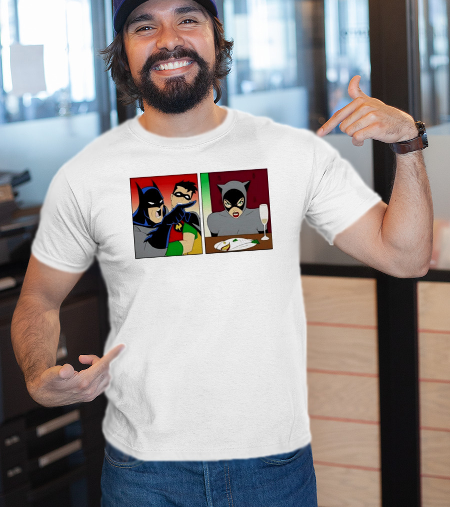 Batman Robin Yelling At Catwoman Meme Panel With Fish Plate And Wine Glass T-Shirt