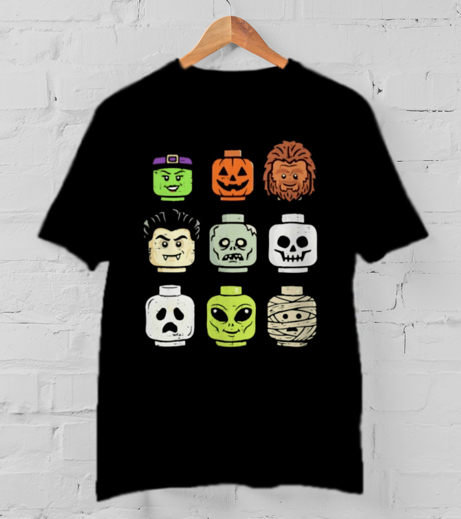Distressed Halloween Minifigure Frankenstein Pumpkin Werewolf Dracula Zombie Ghost Alien Mummy Heads Collection T-Shirt